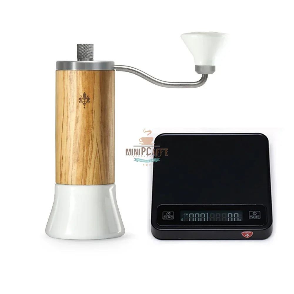 Eureka Baby Handmühle aus Olivenholz mit Precisa Kaffeewaage