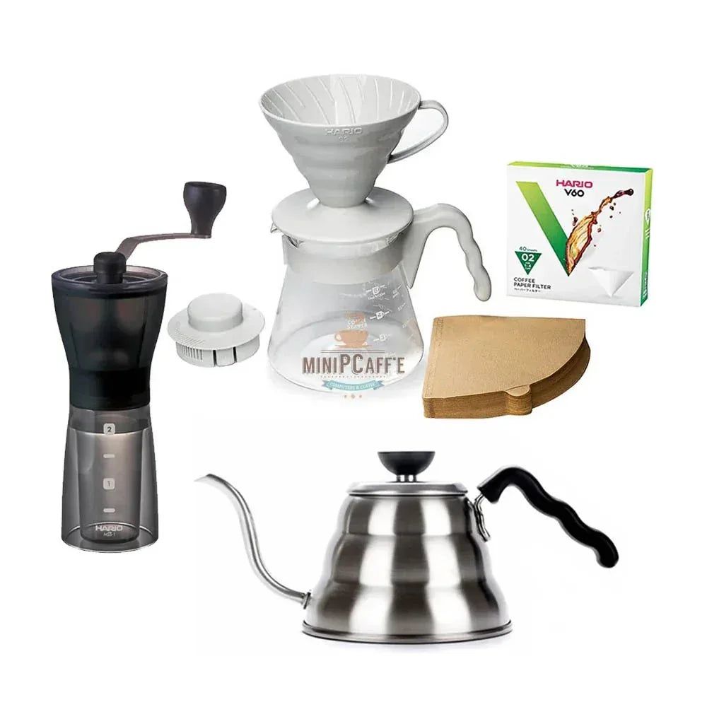 Kit Inicial Hario V60 Cinza Claro com Moedor Mini-Slim Plus