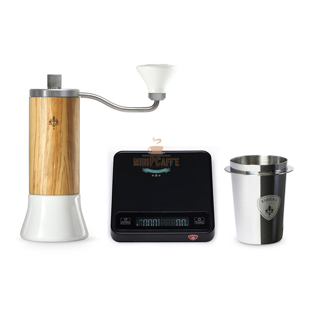 Eureka Baby Olive Wood Hand Grinder Set with Precisa Coffee Scale and Dosing Cup - MiniPCaffe.com