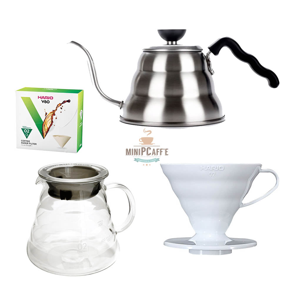 Hario V60 Pour Over Set 02 with Buono Kettle and Server White - MiniPCaffe.com