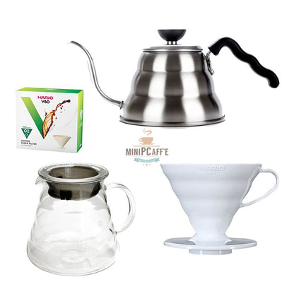 Hario V60 Pour Over Set 02 with Buono Kettle and Server White - MiniPCaffe.com