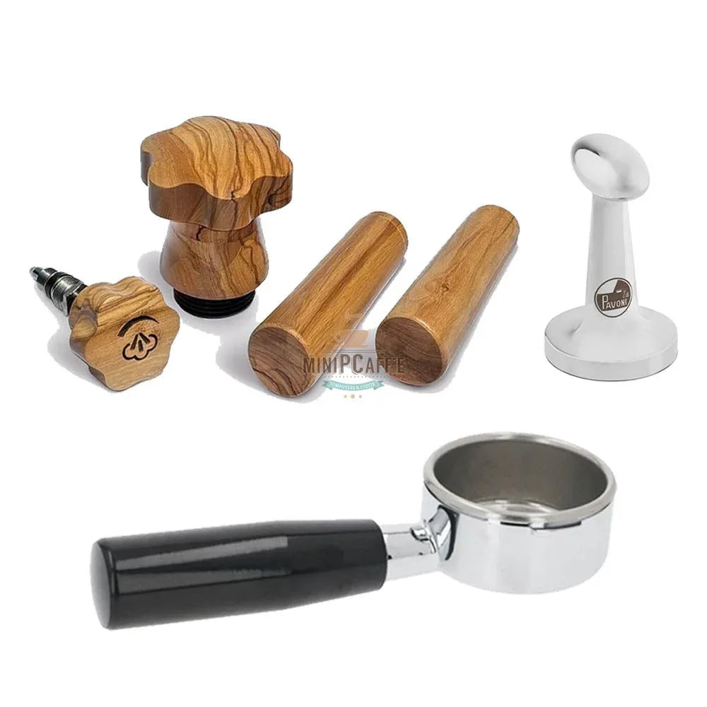 La Pavoni Olive Wood Handle Set with Bottomless Portafilter and Tamper - MiniPCaffe.com