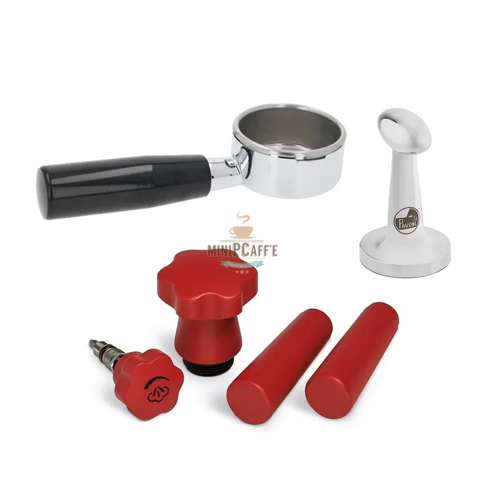 La Pavoni Red Wood Handle Set with Bottomless Portafilter and Tamper - MiniPCaffe.com