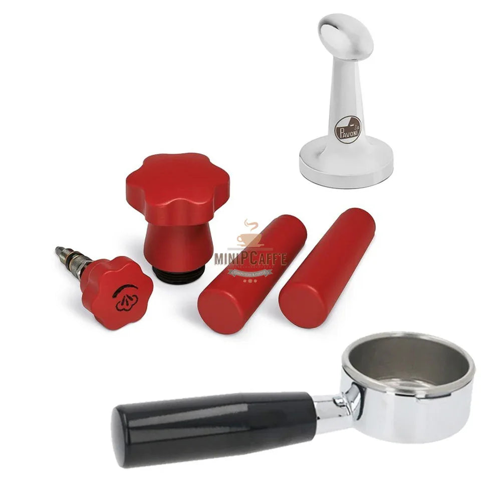 La Pavoni Red Wood Handle Set with Bottomless Portafilter and Tamper - MiniPCaffe.com