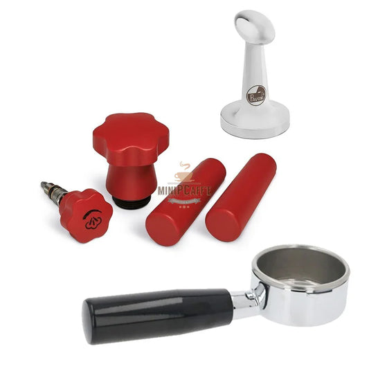 La Pavoni Red Wood Handle Set with Bottomless Portafilter and Tamper - MiniPCaffe.com